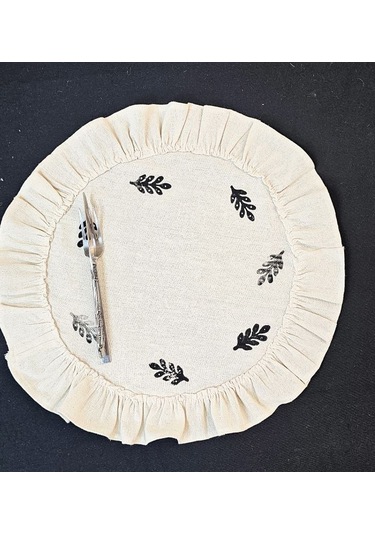 Ham Keten Pamuk Fırfırlı Minik Desen Taş Baskı 6' Lı Amerikan Servisi Supla Yuvarlak 45cm Naturel