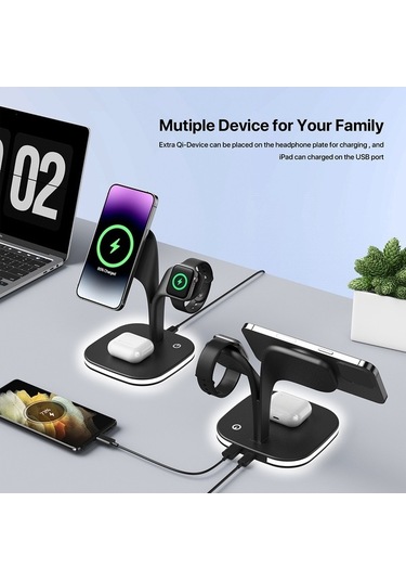Pazly 5-in-1 Kablosuz Magsafe Şarj Standı Led Gece Lambası