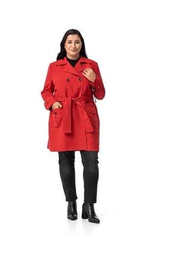 Büyük Beden Kruvaze Kolu Bant Detaylı Cepli Kuşaklı Astarlı Kırmızı Trençkot Kırmızı