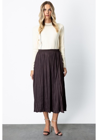 On Kadın Kırışık Görünümlü Midi Etek 64209 Kahverengi Kahverengi