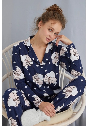 Kadın Düğmeli Desenli Pijama Takımı Boydan Düğmeli Takım- 1001 Lacivert