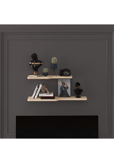 Doğal Modern Organizer Düzenleyici 2'li Kıvrımlı Dekoratif Kitaplık Banyo Mutfak Duvar Rafı Meşe