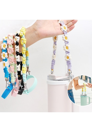 16-40 Oz Stanley Kupa Kordon Silikon Döngü Boho Papatya Sevimli Çiçek El Dokuma Kupa Kapağı Siyah