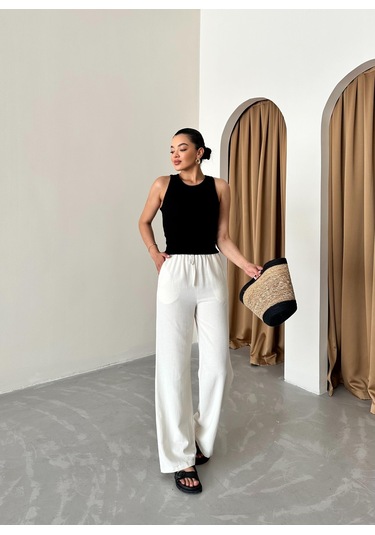 Taş Beli Lastikli Pamuklu Keten Pantolon Taş
