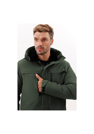 Erkek Polarlı Kürklü Su Ve Rüzgar Geçirmez Kapüşonlu Kışlık Mont & Kaban & Parka - Elyaflamalı Haki