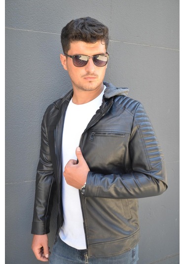 Prifaldi Erkek Kapüşonlu Deri Mont Siyah(554875697)