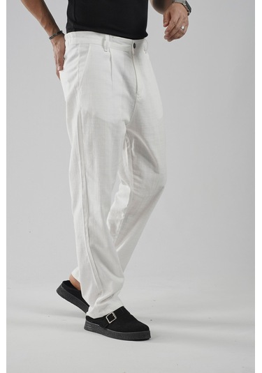 Baggy Fit Kalıp Pamuklu Keten Pantolon Beyaz