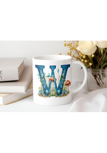 W Baş Harfi Fantastik Mantarlı Kupa Bardak - Kişiye Özel Masalsı Bardak - Hediye Beyaz