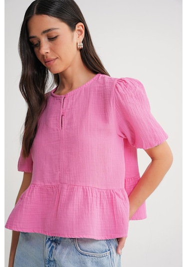4713 Kadın Beli Büzgülü Kolu Lastikli Bol Müslin Bluz Pembe Pembe