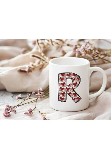 R Harfi Aşk Temalı Kupa - Kalp Desenli Kişiye Özel Romantik Sevgililer Günü Kahve Kupası Beyaz