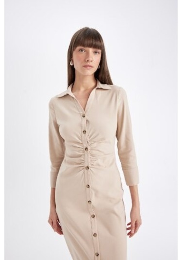 Defacto Gömlek Yaka Basic Düz Düğmeli Beli Büzgülü Bengalin Yarım Kollu Elbise D4560AX24AUBG303