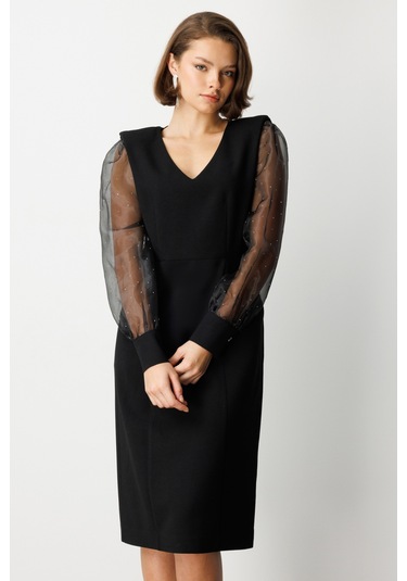 Ekol Kadın Kolları Taşlı V Yaka Midi Elbise 4025 Siyah Siyah