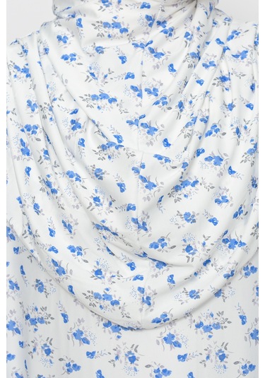 Pratik Tek Parça Çiçek Desenli Kollu Tak Çıkar Başörtülü Likralı Tesettür Namaz Elbisesi 990-0201 Mavi Antrasit