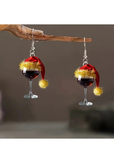 Kangvka Noel Şapka Ve Şarap Bardağı Figürlü Açıkartlı Küçük Küpe Altın Kenar - Noel Parti Ve Bayramluk Takı Gold