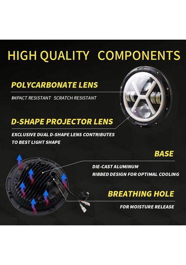 Symbee 7 İnç Dört Lens X Tipi Led Far Tek Adet - Jeep Wrangler Jk/jku/cj/lj/tj Ve Hummer H1/h2 Uyumlu, 30000lm Parlaklık, Ip67 Su Geçirmez