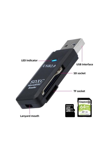 Siyah Fonken 2.0 Kart Okuyucu 2 In 1 Kart Okuyucu Pc İçin Mikro Sd Tf Kart Bellek Okuyucu Çoklu Kart Yazar Adaptörü Flash Sürücü