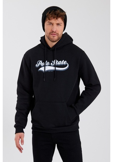 Erkek 3 İplik Pamuklu İçi Polarlı Baskılı Regular Fit Kapüşonlu Kanguru Cepli Siyah Sweatshirt Siyah