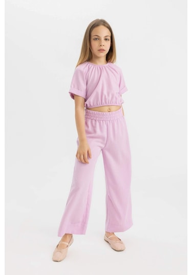 DeFacto Kız Çocuk 2'li Takım Keten Kısa Kollu Bluz Pantolon C5392A824HSPR139 Mor