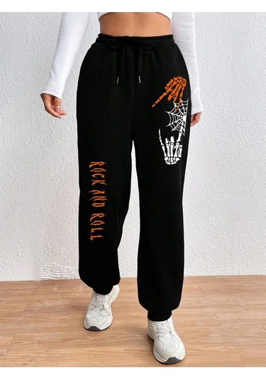 Halloween Skeleton Hand & Letter Graphic Drawstring Waist 4 Mevsim Eşofman Siyah