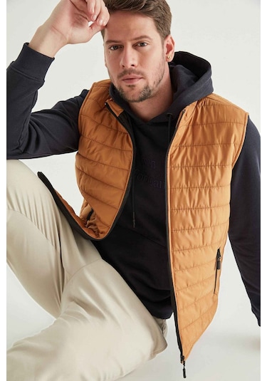 Ds Damat Regular Fit Safran Dik Yaka Elyaf Dolgulu Mevsimlik Fermuarlı Yelek Mont 7HF07ORT42611