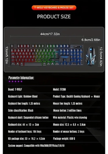 Techbloom Ergonomic Kablolu Gaming Klavye Ve Fare Seti Black Abs Malzeme Laptop İçin Ergonomik Tasarım Diğer