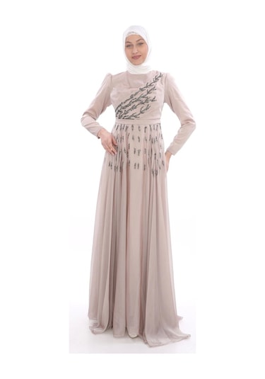 Taş İşleme Detaylı Tesettür Abiye Elbise 741-bej Bej