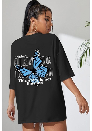 Flood Of Style Unisex Siyah Sırt Kelebek Baskılı T-shirt