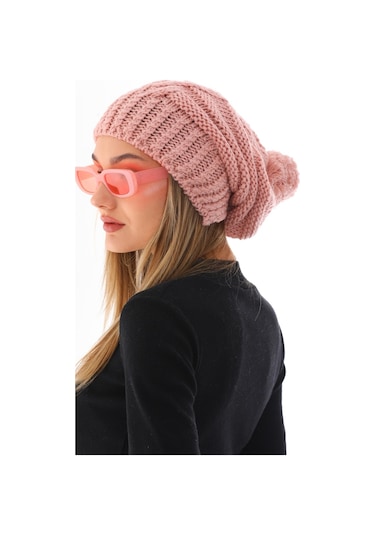 Kadın Kalın Pudra Örgü Ponponlu Bere Pudra