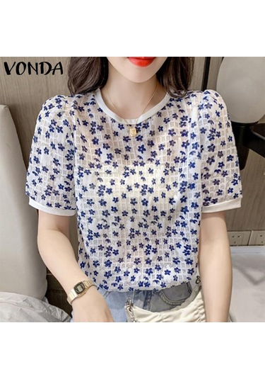 Koyu Mavi Vonda Kadın Yaz Yuvarlak Yaka Puf Kısa Kollu Pileli Çiçekli Bol Bluz Koyu Mavi Vonda Kadın Yaz Yuvarlak Yaka Puf Kısa Kollu Pileli Çiçekli Bol Bluz
