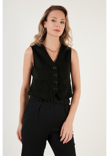 Lela Fitted Scuba Süet V Yaka Düğmeli Bayan Yelek 5865576 Siyah