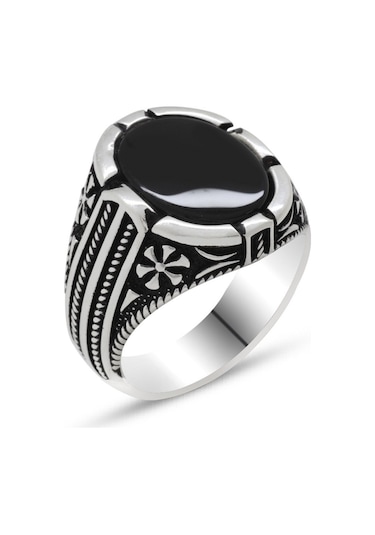 925 Ayar Gümüş Bombeli Siyah Oniks Taşlı Erkek Yüzük (429371720)