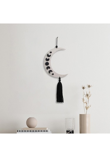 Homyl Püsküllü Siyah Göksel Evre Ahşap Duvar Sanatı Hilal