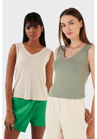 Lela Slim Fit V Yaka Kalın Askılı 2' Li Paket Bayan Bluz 5864384S2 Taş-Olive