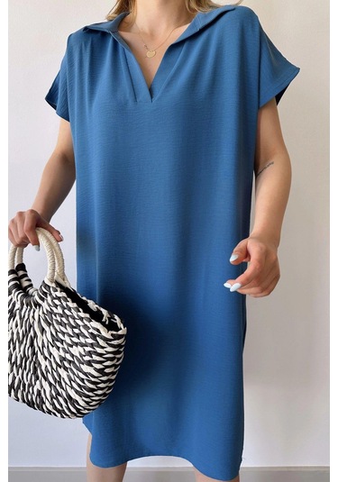 Kadın İndigo Kısa Kol, Polo Yaka, Dokulu Desen, Basic Kalıp/kesim, Aerobin Rahat Midi Elbise Indigo