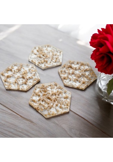 Epoksi Reçine Bardak Altlığı - 4'lü Takım - Altın Varaklı Altın