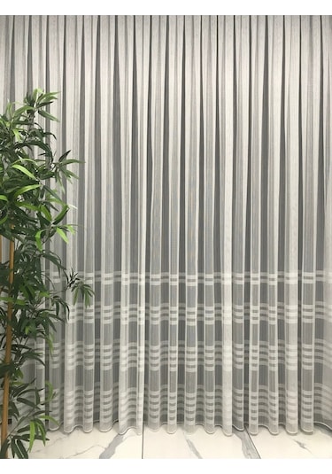 Etek Çizgili Keten Düz Tül 1/3 Sık Pile Ekru