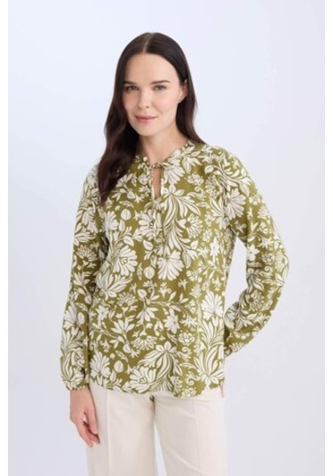 Defacto Regular Fit Bisiklet Yaka Desenli Uzun Kollu Bluz N1809az25spkh262 Haki