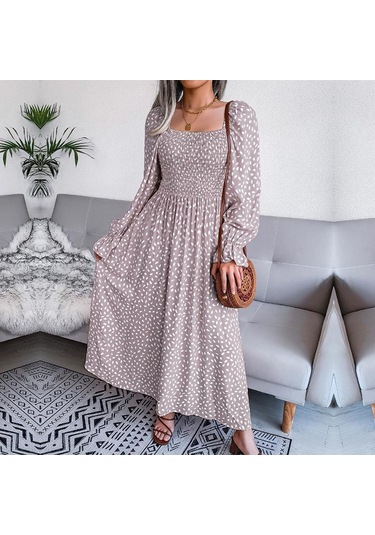 Sonbahar Kış Kare Yaka Uzun Kollu A Line Pileli Baskılı Uzun Elbise S-xl Gri