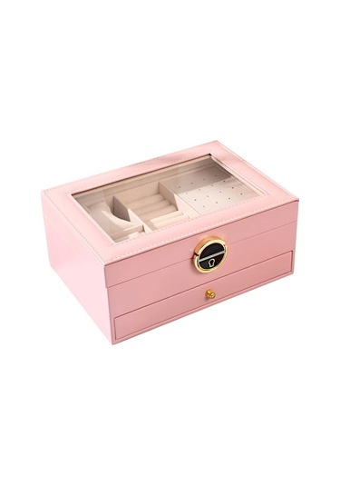 Dışı Deri İçi Kadife Kilitli Çekmeceli Takı Bijuteri Mücevher Kutusu Organizer Düzenleyici Pembe İth