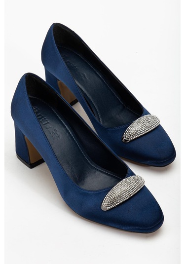 Kadın Siletto Topuklu Ayakkabı Lacivert Saten Taşlı Kalın Topuklu-4170 Lacivert