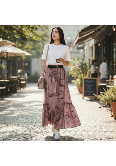 Şifon Lastikli Etek 95 Cm - 38-50 Bordo