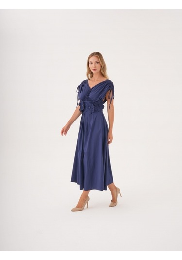 Kadın Bel Detaylı Kısa Kollu Elbise Çiçek Aplikeli, Büzgü Ve Bağcık Detaylı, %100 Pamuk Lacivert