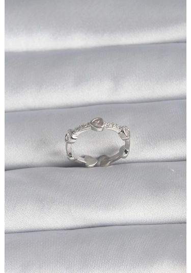 Pirinç Gümüş Renk Kalp Model Zirkon Taş Detay Kadın Yüzük Çok Renkli