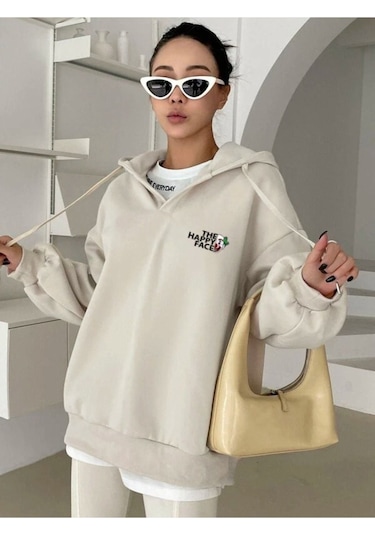 Altamira Unisex Happy Baskılı Oversize Kapüşonlu Sweatshirt 001