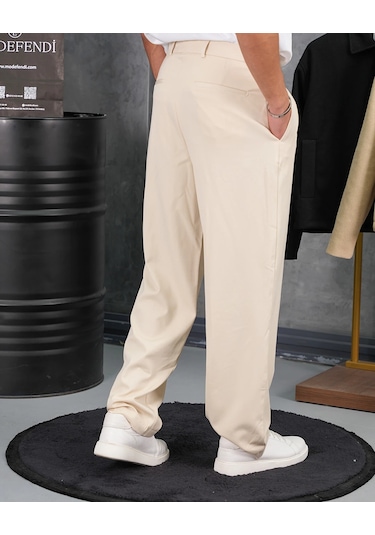 Modefendi Baggy Kalıp Pile Detaylı Kumaş Pantolon Bej