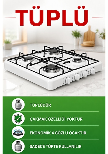 Gurkan Ac 400 Lpg Uyumlu Tezgah Set Üstü Tüplü 4 Gözlü Ocak Beyaz