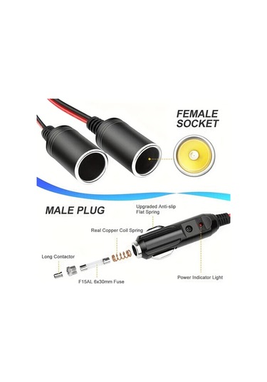 Oldfriend Clelo 15a Sigortalı 2'li Çakmak Çıkışı 16awg Bakır Kablo 6ft Araç Şarj Splitter