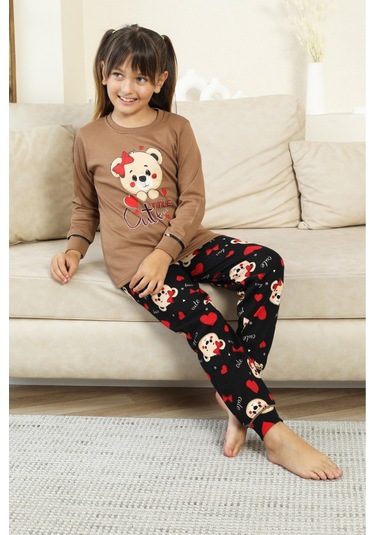 Kız Çocuk Ayıcık Baskılı %100 Pamuk İnterlok Kumaş Pijama Takımı 12347 Kahverengi