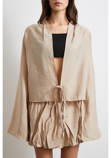 Geniş Kol Önden Bağlamalı Bluz Bej Bej