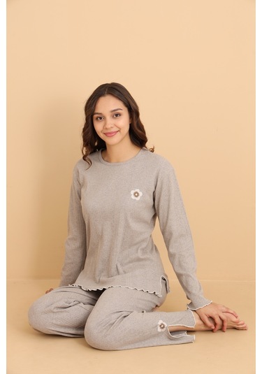 Mr-8602 Pointel Kumaş Mevsimlik Günlük Çiçekli Kadın Pijama Takımı Vizon